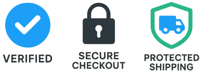 generate three trust badges, first is a circular blue tickmark like a verified emblem with white check mark, second is just an icon of a lock symbolizing protected checkout and third is a logo depicting protected shipping ( ucan improvise)